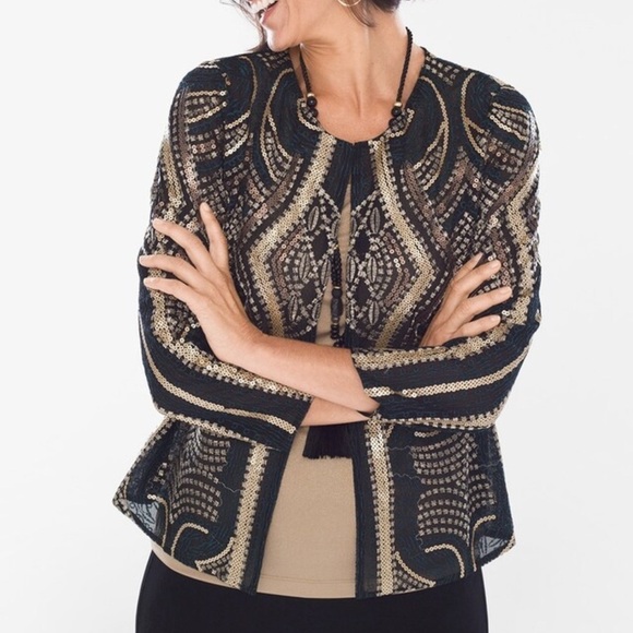 NWT Chico’s Travelers Collection Black & Gold Sequined Jacket Lightweight - Picture 1 of 10